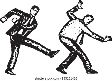 Black and white vector illustration of man kicking another man in butt