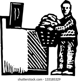 Black And White Vector Illustration Of Man Doing Laundry