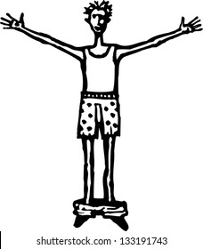 Black and white vector illustration of man with his pants dropped
