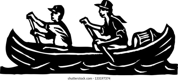 Black and white vector illustration of man and woman in boat