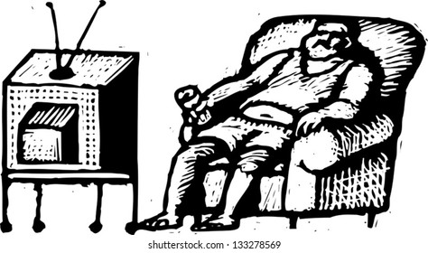 Black and white vector illustration of man sitting in chair watching TV