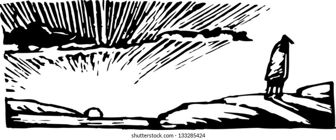 Black and white vector illustration of man watching the sunrise