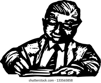 Black and white vector illustration of man writing a check