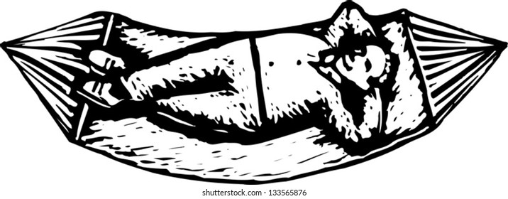 Dibujo vectorial en blanco y negro del hombre relajándose en la hamaca