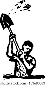 Black And White Vector Illustration Of Man Digging Hole