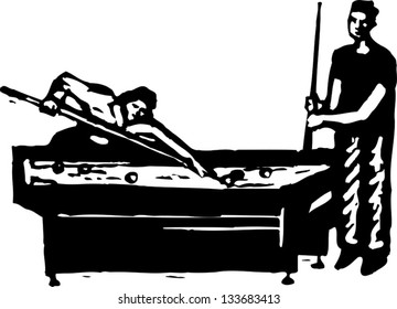 Black and white vector illustration of man and woman playing pool