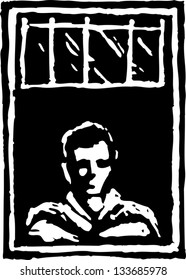 Black and white vector illustration of man looking through window