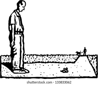 Black and white vector illustration of man looking at dog poop on sidewalk