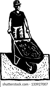 Black and white vector illustration of man with wheelbarrow full of soil