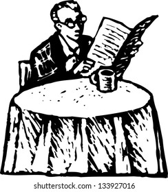 Ilustración vectorial en blanco y negro del hombre en el periódico de lectura de mesa