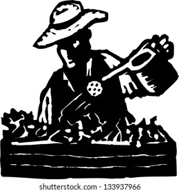 Black and white vector illustration of man watering plants in a planter