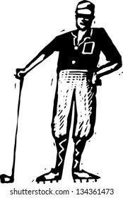 Black and white vector illustration of Man In Golf Attire with Golf Club