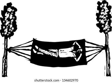 Black and white vector illustration of Man Relaxing on Hammock