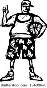 Black and white vector illustration of man holding a basket ball