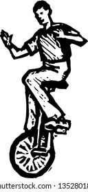 Black and white vector illustration of a man riding a unicycle