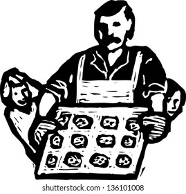 Black and white vector illustration of man baking