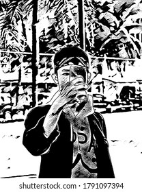 black and white vector illustration of a man picking up his cellphone. take a photo. look at cellphones.