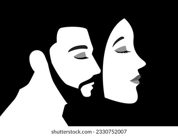 Black and white vector illustration of a man face with womans mask, transgender or transsexual, non-binary concept
