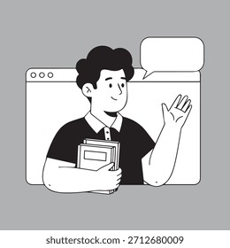 Ilustração de vetor preto e branco de homem segurando livros acenando de uma tela