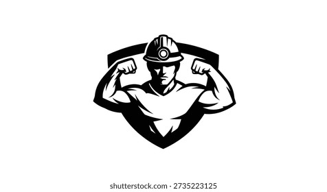 Black and white vector illustration of a man wearing a hard hat and flexing his biceps. He is depicted inside a shield shape. Editable vector artwork suitable for print and digital use.