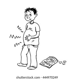 A black and white vector illustration of a man holding his belly because of tummy ache after eating too much crisps.