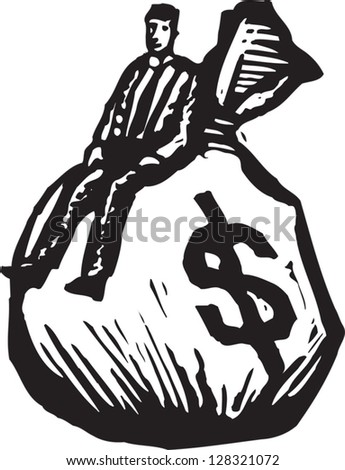Black and white vector illustration of a man sitting on a sack of money