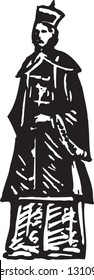 Black and white vector illustration of mandarin man in traditional clothes