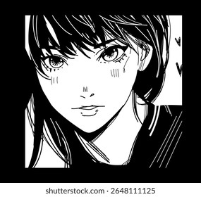 Ilustração vetorial em preto e branco no estilo mangá. Apresenta um close-up do rosto de uma menina com olhos expressivos, linhas finas, cabelo dinâmico e corações, capturando a vibração moderna do anime.