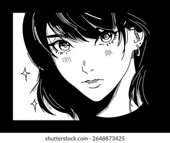 Black and white vector illustration in manga style. Features a close-up of a girl's face with expressive eyes, fine lines, and sparkles, capturing modern anime vibe.