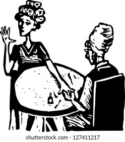 Black and white vector illustration of manicurist with customer