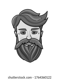 Black and white vector illustration of man's face. Hipster icon. Handsome bearded metro sexual man.