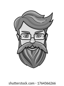 Black and white vector illustration of man's face. Hipster icon. Handsome bearded metro sexual man with eyeglasses.