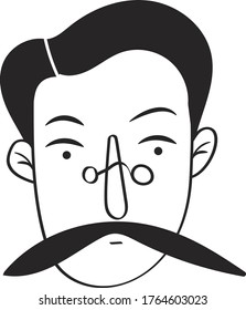 Black and white vector illustration man's head with big black mustache and pince, retro style, barber portrait