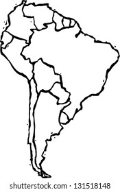 Black and white vector illustration of map of South America