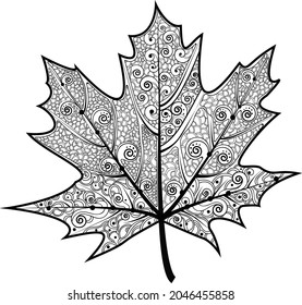 Ilustración vectorial en blanco y negro de una hoja de arce. Ilustración de otoño.Una idea para un logo, ilustraciones de moda, revistas, impresión en ropa, publicidad, un sketch de tatuajes o un mehendi.