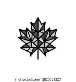 A black and white vector illustration of a maple leaf featuring a geometric mosaic design with triangles and polygonal segments.