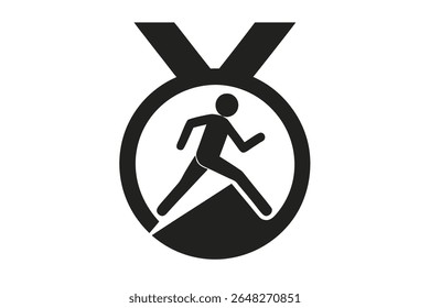 Black and white vector illustration of a marathon medal featuring a silhouette of a runner crossing a finish line. Simple graphic style.