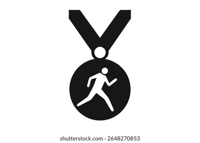 Black and white vector illustration of a marathon medal featuring a running figure silhouette The medal is circular with a black ribbon