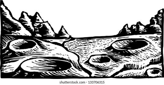 Black and white vector illustration of Mars landscape