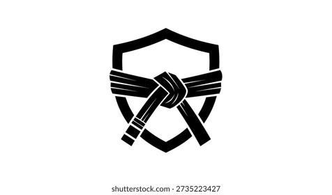 A black and white vector illustration of a martial arts belt tied in a knot, superimposed on a shield shape. The artwork is flat and graphic, suitable for logos and icons. This is an editable vector file.
