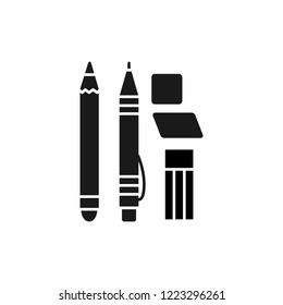 Black & white vector illustration of mechanical pencil, lead refill, erasers. Flat icon of drawing & drafting tool set. Stationery items. Isolated object on white background