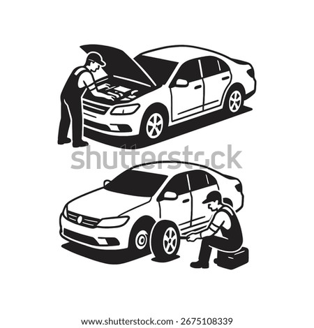black and white vector illustration of mechanics check car engines and change car tires