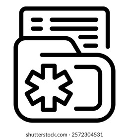 Black and white vector illustration of medical folder icon for healthcare documentation and records management with digital data storage system