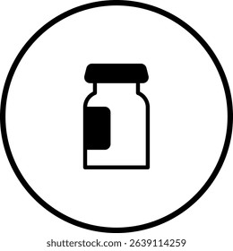 Black and white vector illustration of a medicine bottle in a circular frame