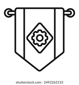 Black and white vector illustration of a medieval style banner with a central gear emblem