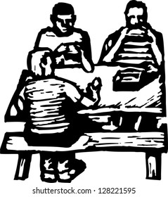 Black and white vector illustration of men having lunch