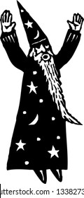 Black and white vector illustration of Merlin the Magician