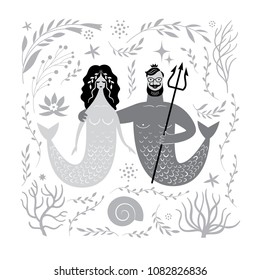 Black and white Vector illustration, mermaid girl and mermaid man