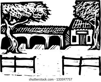 Black and white vector illustration of Mexican style ranch