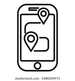 Ilustración vectorial en blanco y negro de un teléfono móvil que muestra un mapa con clavijas de ubicación